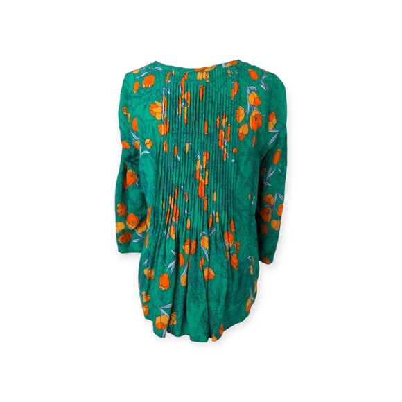 Vanessa Virginia Green & Orange Pintucked Poppy Swing Blouse - Picture 5 of 10